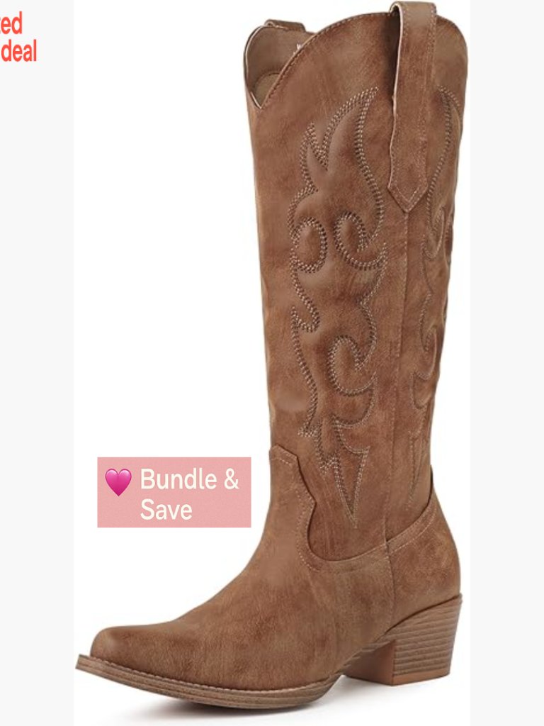 Knee High Cowboy Boots With Snip Toe, Side Zipper, Padded Embroidery